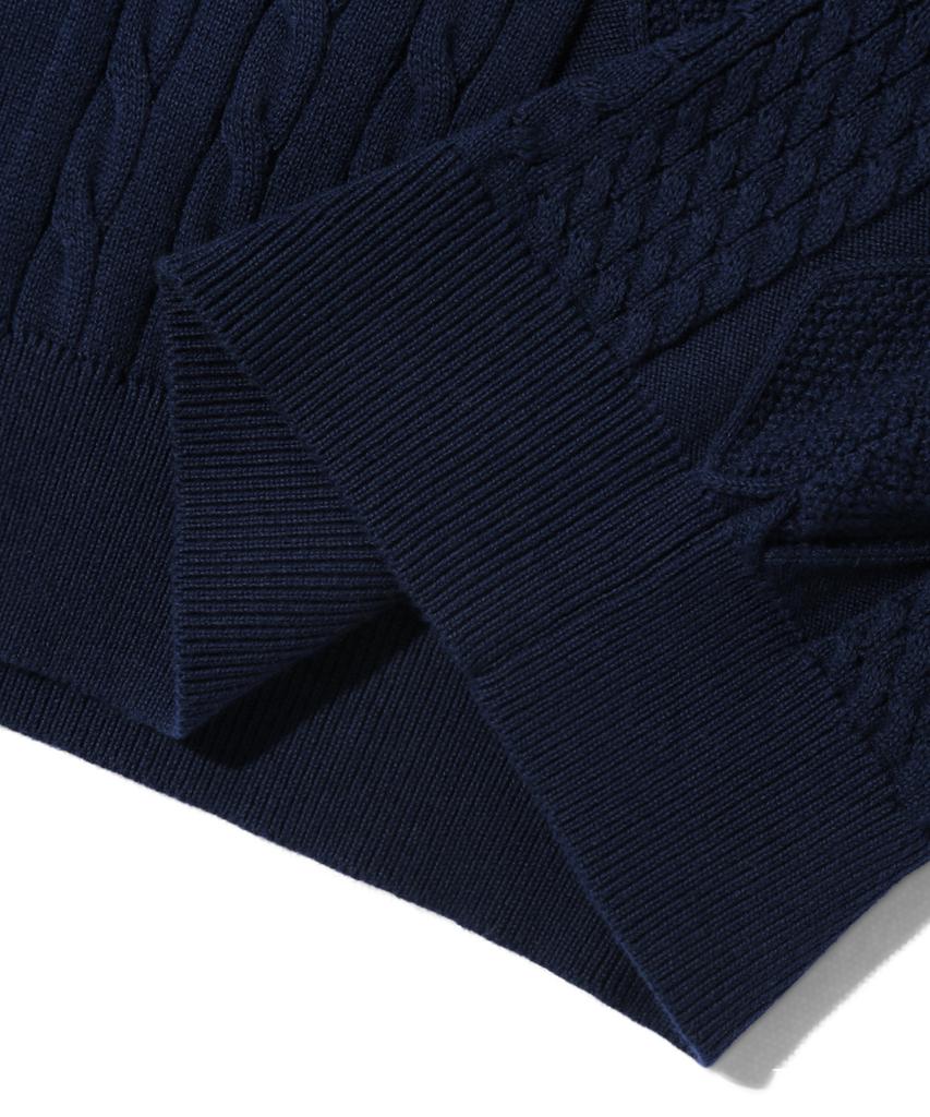 TRILLION Washable Cable Half Sleeve Button-Up Knit (Navy)