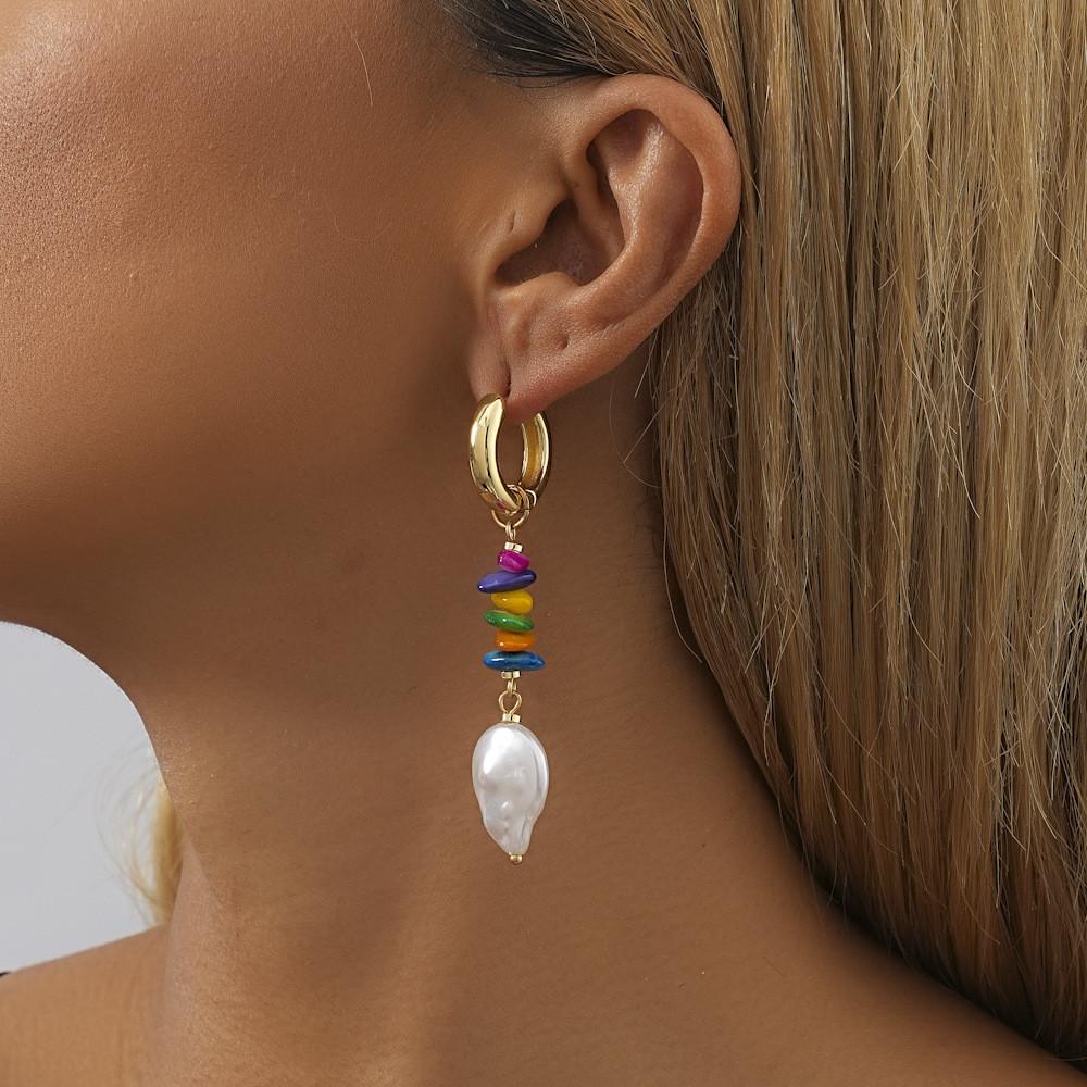 Fashionable Geometric Earrings With Colorful Stones And Imitation Pearls For Women