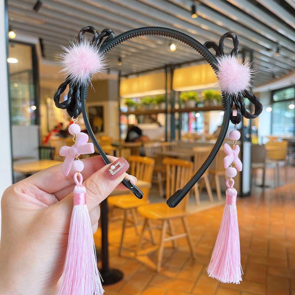 Elastic Cute Girls Pearl Bow Pigtail Wig Flower New Year Headress Children's Headband Chinese Style Hair Band Hanfu Hair Hoop