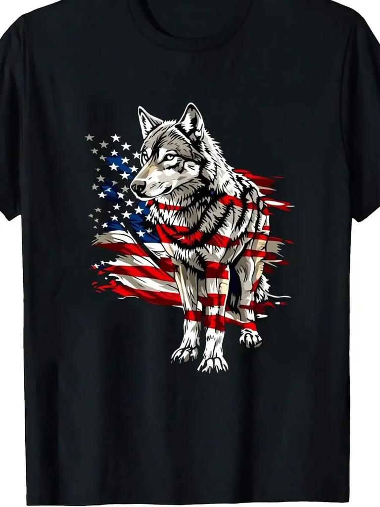 1pc Unisexs Wolf American Flag Print Black Tshirt Crew Neck Casual Cotton Tee Medium Stretch Knit Fabric Unisexs Regular Fit Siz