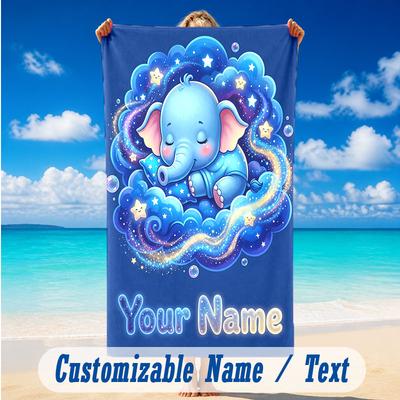 Elephant Theme Beach Towel Personalized Custom Name & Text Soft Quick Dry Beach Towel for Swimming Travel