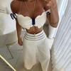2 Pcs/Set Women Crop Top Pants Suit Low-cut Bandeau Sleeveless Ruffle Backless High Waist Wide Leg Striped Solid Color Commute Soft Summer Tube