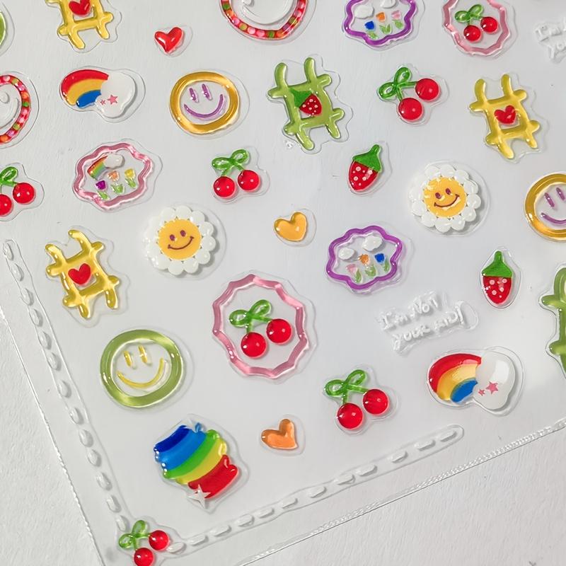 Летние 3D наклейки для ногтей из дофаминового желе, мультяшные узоры с сердечком, вишней, подсолнухом, пластиковые самоклеящиеся для DIY маникюра