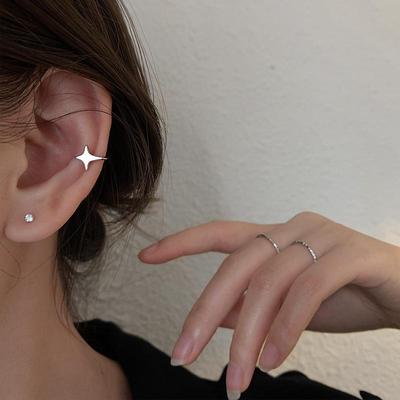 Серебряный четырехконечный звездный кафф S925 - Серьги для женщин без прокола, Простой дизайн, Летний зажим для хряща