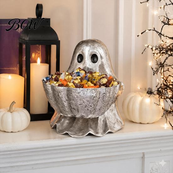 Indoor Outdoor Decorations Halloween Ghost Candy Bowl, Resin Decorative Storage Dish, Silver Creative Snack Dishes Gray Holder, for Home Tabletop And