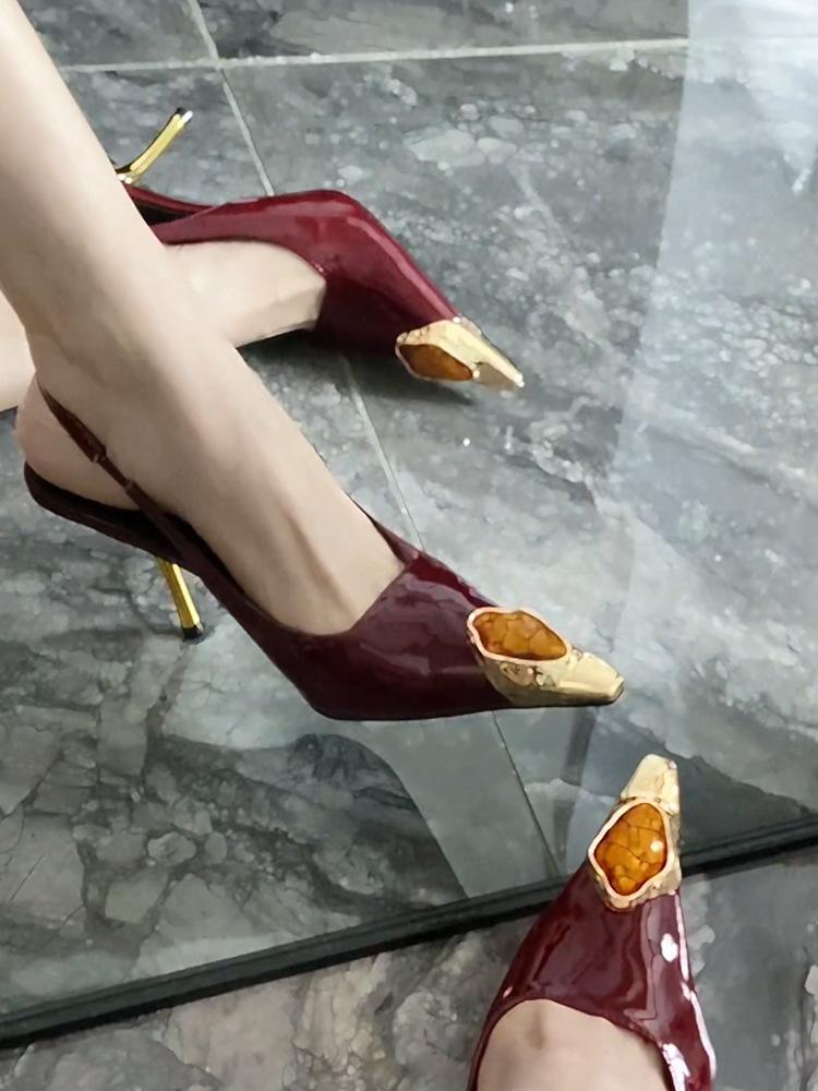 Тополь Шулин тот же бордовый сексуальный драгоценный камень подиум высокие каблуки женские слово со стразами золотой каблук остроконечные босоножки женщины