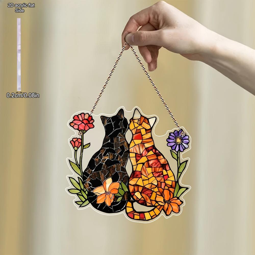 Цветная подвеска на окно "Кошка и цветок", Ловец солнца на окно "Кошка и цветок", Декор для дома и сада (в помещении и на улице), Подходит для свадьбы