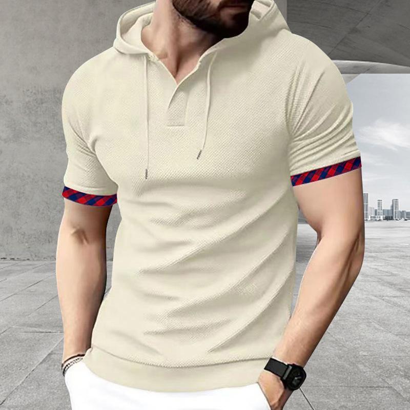 Мужская повседневная рубашка-henley с капюшоном и коротким рукавом