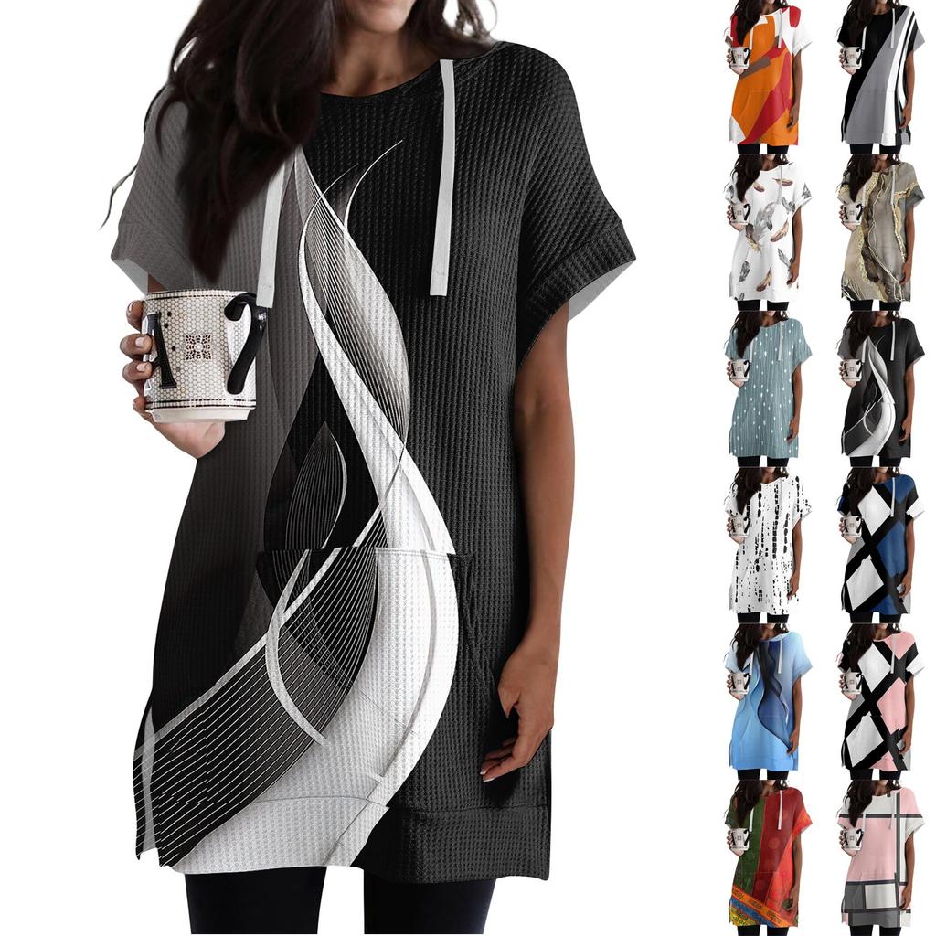 Женские свободные рубашки с принтом, толстовки с короткими рукавами и шнурком, вязаная туника с боковыми разрезами, топы с капюшоном и карманом