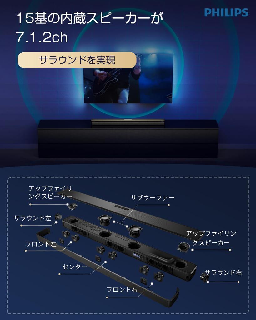 Акустическая система Philips Soundbar для телевизора, совместимая с Dolby, оснащена 15 динамиками, сертифицирована IMAX Enhanced, имеет мощный фронтальный объемный сабвуфер.