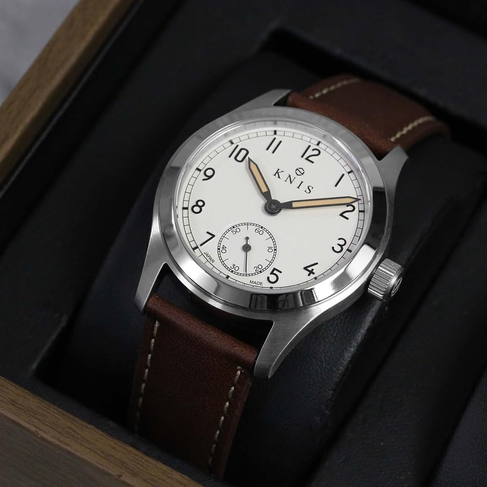 KNIS Ретро Милитари Сделано в Сапфире 10 АТМ Вода Коричневые Мужские Часы, Япония, Кристалл, Водонепроницаемость, Молочно-белый Циферблат, Кожа, KN003-WHBRLE