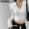Girl Waist Cross Bandage Polo Shirts Women Y2K Cropped Tops Women Spring Autumn Fitness V-neck T-shirts
