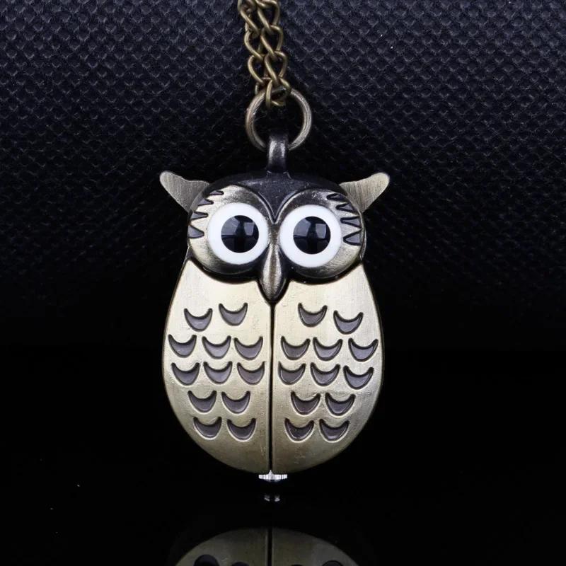 10pcs/lot Cute Owl Quartz Pocket Watch Arabic Digital Dial Clothing Accessories Pendant Men Women Necklace Chain Gift