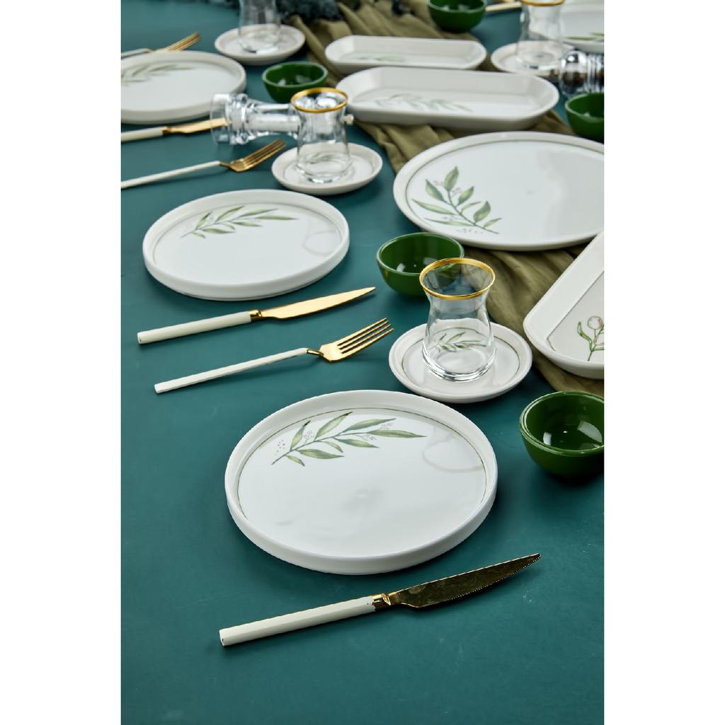 Botanical Green Camellia Leaf Patterned Luxury Ceramic 14 Piece Breakfast Set For 6 Persons