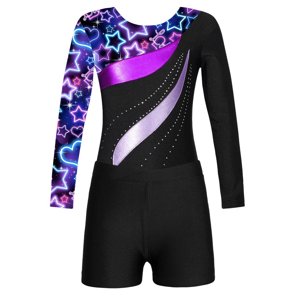 Girls Long Sleeve Round Neck Rhinestones Printed Patchwork Leotard V Front Waistband Shorts Dance Set