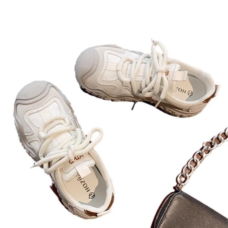 Кроссовки 2024 года женские на толстой подошве осень/зима новая корейская версия модные студенческие нескользящие спортивные туфли на шнуровке