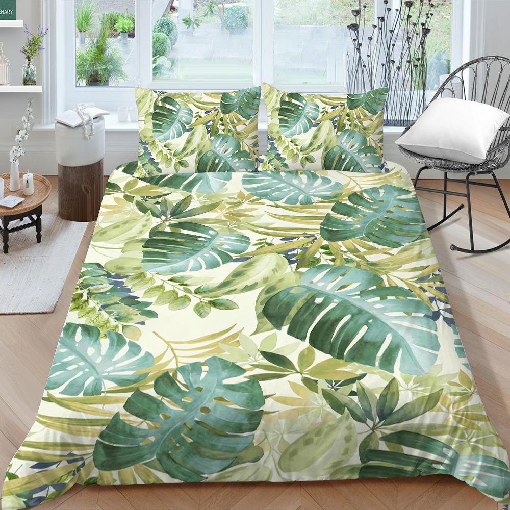 Family Bedding Single Double Bed Full Size Plant Printing Series Bedding Leaf Pattern Pillowcase and Quilt Cover Washable Home Decoration
