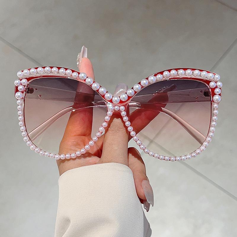 European and American retro cat eye pearl frame fashion sunglasses personalized trend party party high-end sunglasses