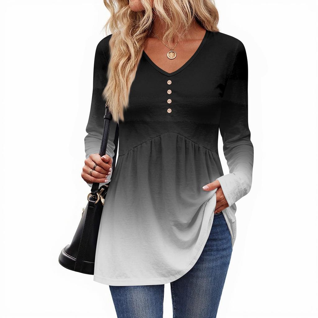 Women's Casual Fashion V-Neck Button Gradient Long Sleeve Top