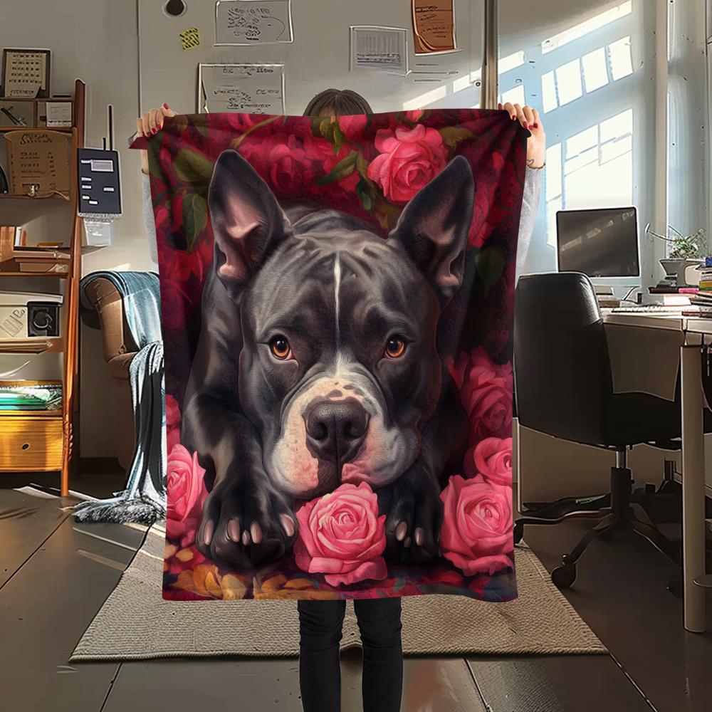 Pitbull and roses,pattern Flannel Blanket, High quality Comfortable for All Seasons, Home Decor, Warmth and Comfort, Perfect for Gifts.