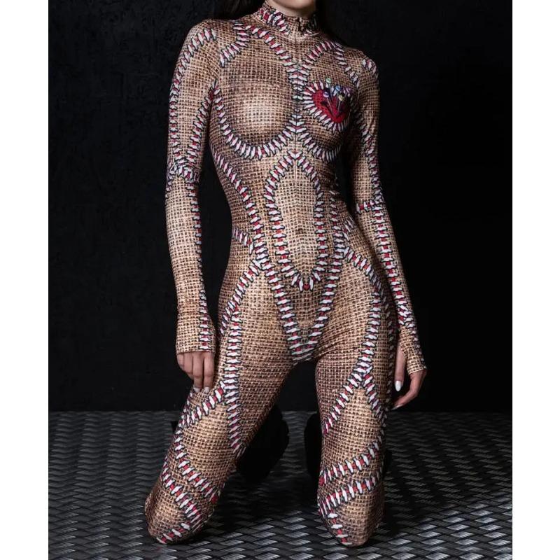 Женский Хэллоуин Комбинезон с длинным рукавом с цифровым принтом, облегающий боди, костюм для косплея