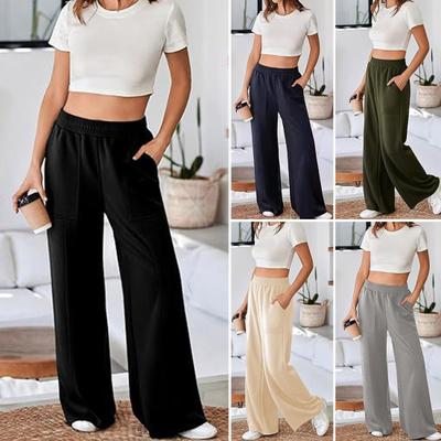 Женские эластичные прямые широкие брюки с высокой талией, однотонные, свободные, с карманами для повседневной носки