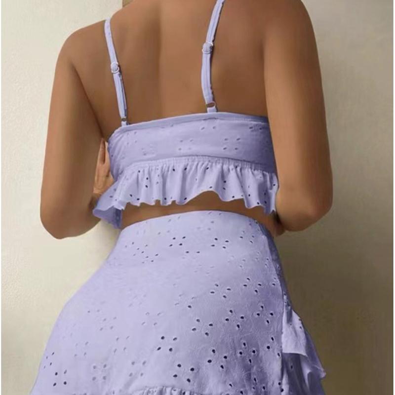 Solid Bikini Set High Waist Mesh Beach Style Swimwear Women Three-piece Flounce Summer Swimsuit Biquini Bathing Suit