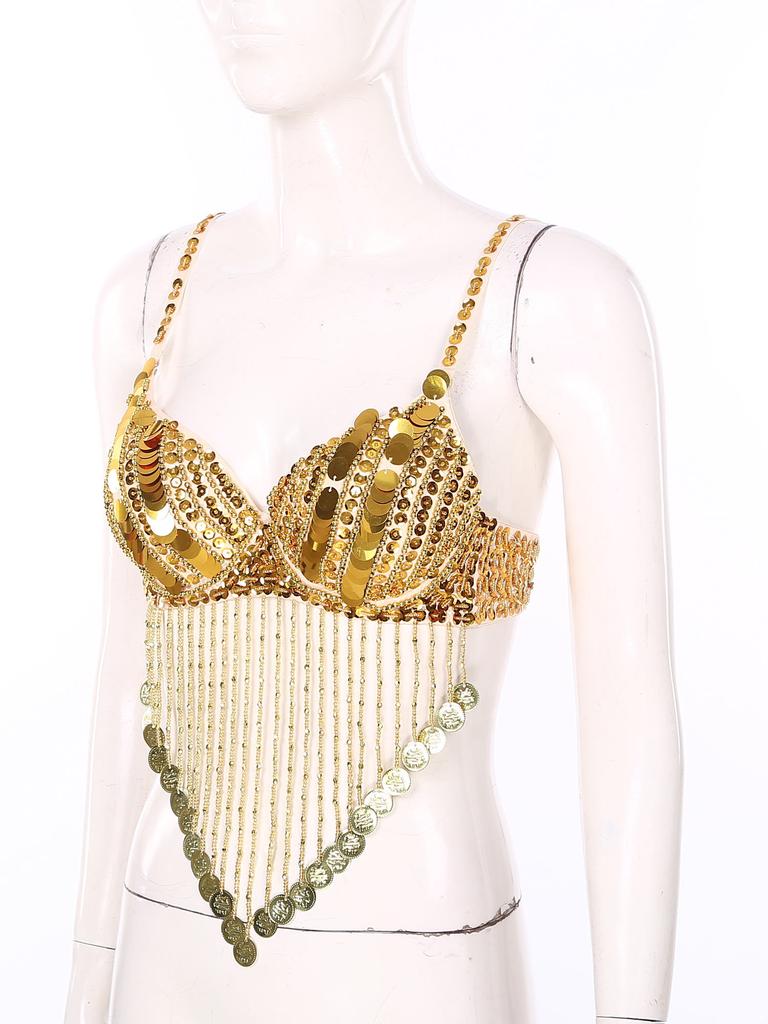 Женский блестящий бюстгальтер на косточках с блестками, бусинами, кисточками и топами для танца живота Rave