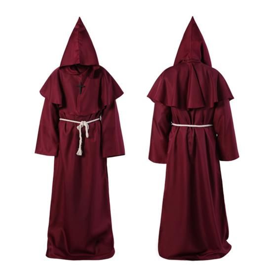 4Pcs/Set Halloween Cloak Costume Medieval Monk Robe Wizard Cosplay Dance Fabric Cape with Strong Drape Big Hat Necklace Waist Rope