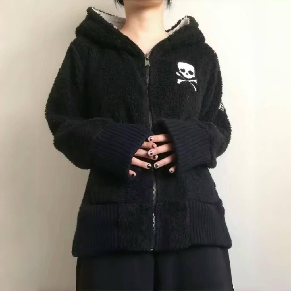VAYLA Y2k Lamb Jackets Women Gothic Hoodies Cross Skull Grunge Zipper Sweatshirts Vintage Casual Hooded Coats Harajuku Streetwear