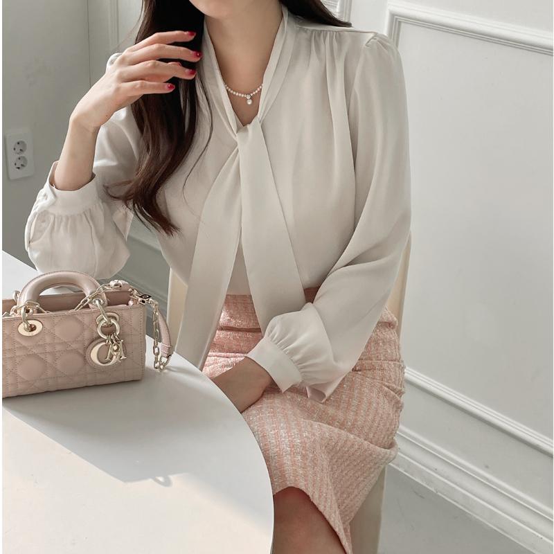 Fashion Long Sleeve Casual Shirt Women Spring and Summer Bow V-neck Solid Button Up Loose Blouses Women Elegant Simple Office Shirt Chic Tops 26436