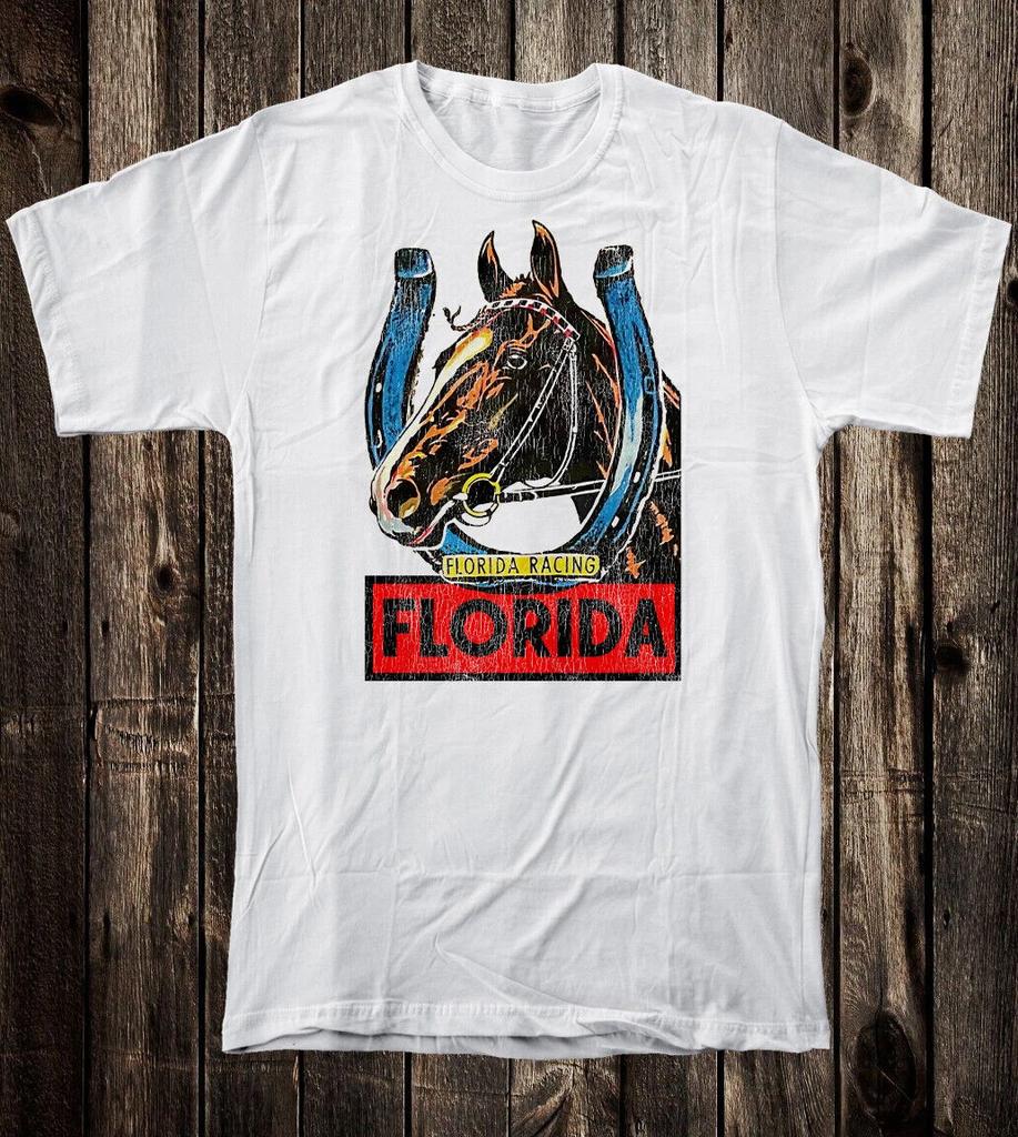 Retro Travel Tee T Shirt Vtg Art Tourist Souvenir State Florida Horse Racing