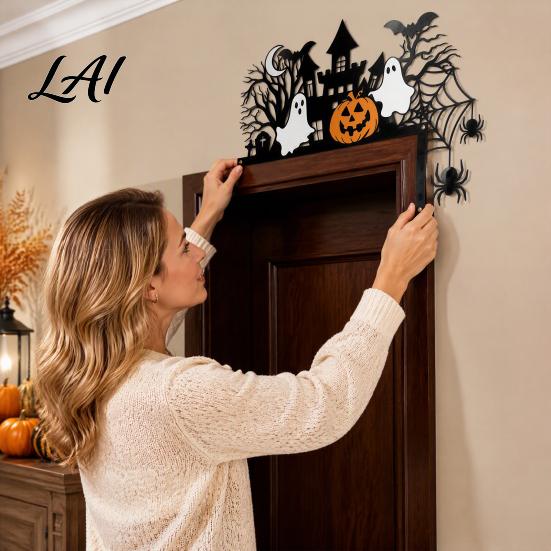 Indoor Halloween Party Supplies Door Topper with Castle Ghost Pumpkin Spider and Bat Silhouette 2D Flat Three Dimensional Hanging Acrylic Corner