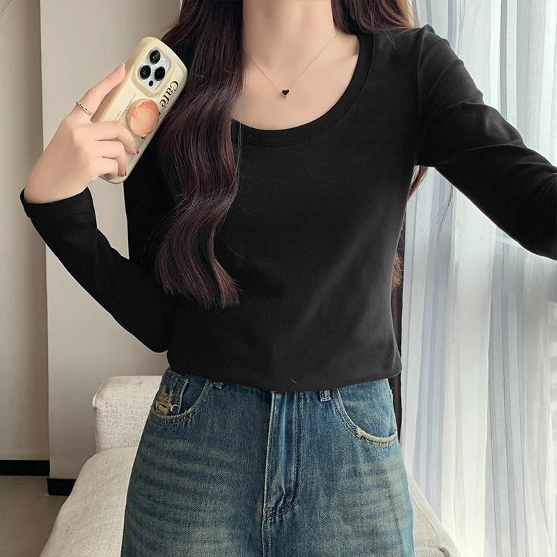 Футболка из чистого хлопка, женская, осень-зима, новый U-образный воротник, правое плечо, облегающий крой, стиль pure lust, базовый топ с длинными рукавами