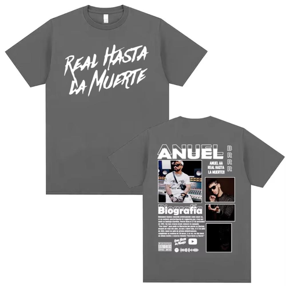 Футболка с принтом рэпера Anuel AA Real Hasta La Muerte Мужская Мода Хип-Хоп Оверсайз Футболка Мужчины Женщины Круглый Вырез Свободные Футболки