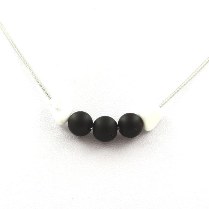 Stones and Minerals. 8mm Matte Black Onyx Bead Necklace + USA Howlite Stainless Steel Chain.