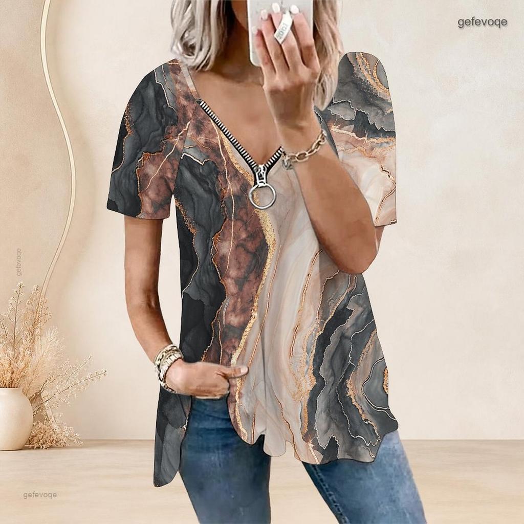 Women Abstract Geometric Print V Neck Zipper Short Sleeve Irregular Hem Loose Casual Plus Size T Shirt
