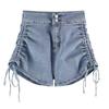 Summer High Waist Denim Shorts Korean Style Black Blue Color Side Drawstring Double Buttons Up Short Jeans