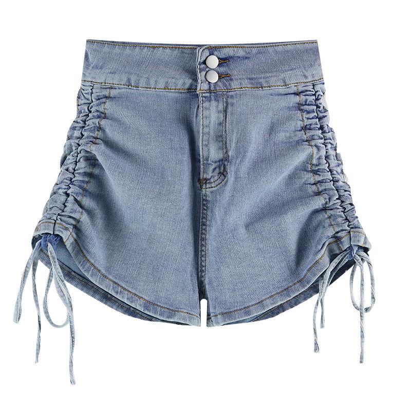 Summer High Waist Denim Shorts Korean Style Black Blue Color Side Drawstring Double Buttons Up Short Jeans