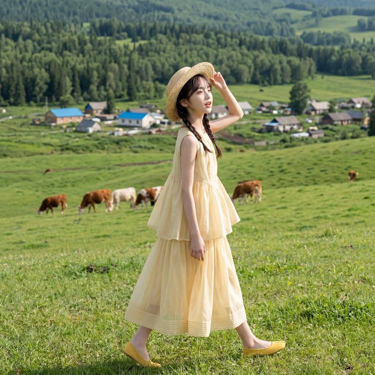Girls' 2026 new French dress, camisole skirt, vest skirt, mid size children's long skirt, beach skirt
