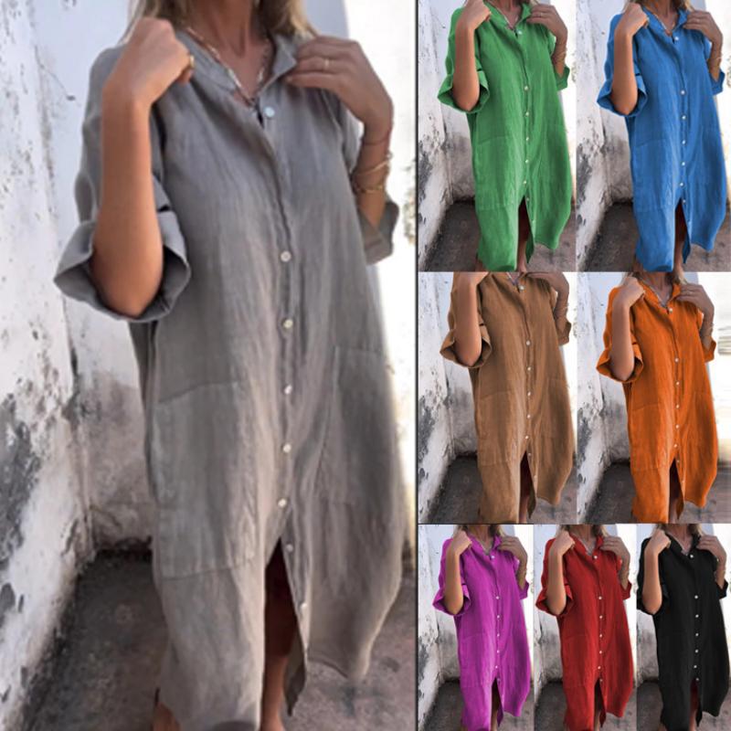 Women's Spring Summer Cotton Linen Shirt Dress Lapel Button Down Loose Half Sleeve Casual Midi Dress with Pockets for Daily Wear