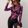 Autumn and Winter Women's Elegant Fashion Floral Printing Small Standing Collar Mesh Wooden Ear T-shirt
