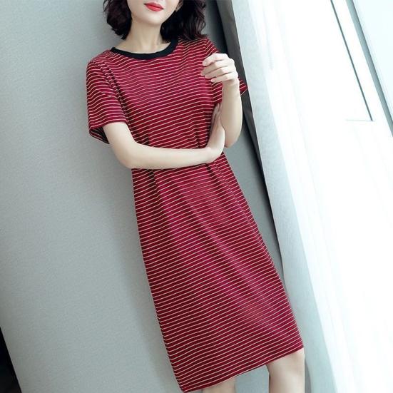 Women Casual Striped Middle Dress Short Sleeve Loose Round Neck Summer Lightweight Comfortable Office Beach Dress
