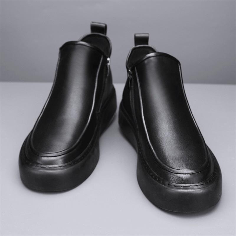 Men's Black Boots Versatile Casual Leather Boots Zipper PU Flat Bottom Casual Walking Shoes Waterproof Men One Foot Shoes