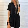 Летнее женское платье с V-образным вырезом и лацканами, плиссированное лоскутное подол, однотонное свободное платье трапециевидной формы с короткими рукавами и длиной до колена, платье миди