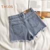 Summer Women Denim Shorts High Waist A-line Solid Color Ripped Button Zipper Closure Retro Pockets Slim Fit Above Knee Length Short Pants