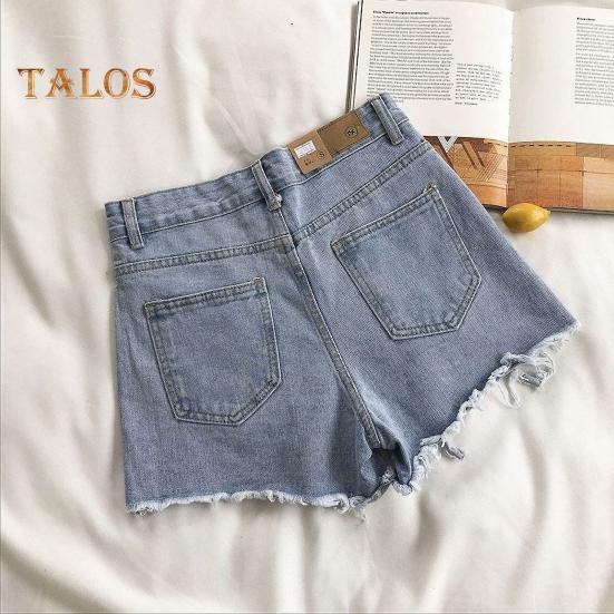 Summer Women Denim Shorts High Waist A-line Solid Color Ripped Button Zipper Closure Retro Pockets Slim Fit Above Knee Length Short Pants