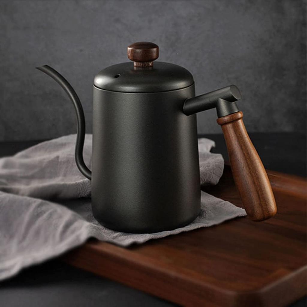 SOVIFKI Drip Pot Coffee Pot Removable Wooden Handle Coffee Kettle Stainless Steel Drip Narrow Mouth Scale 580ml Outdoor Coffee Kettle Black