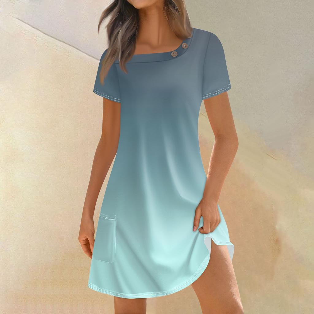 Женская мода, летние платья с квадратным вырезом и короткими рукавами, повседневные свободные платья с карманами и пуговицами, градиентные платья