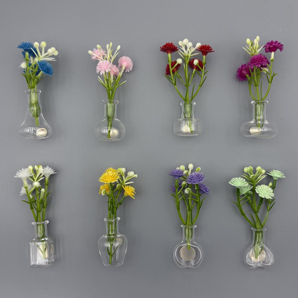 5/8pc Miniature Glass Vases with Faux Flowers Fridge Magnets Set, Artificial Plants Refrigerator Magnet for Kitchen Office Decor